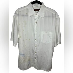 Tori Richard Honolulu Hawaiian Top Size L Cream Blue Fish